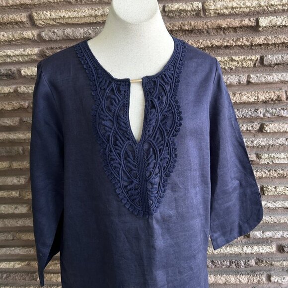 Navy Blue 100% Linen Tunic Shirt Embroidered Lace Detail Gold Bar Detail - Picture 6 of 6